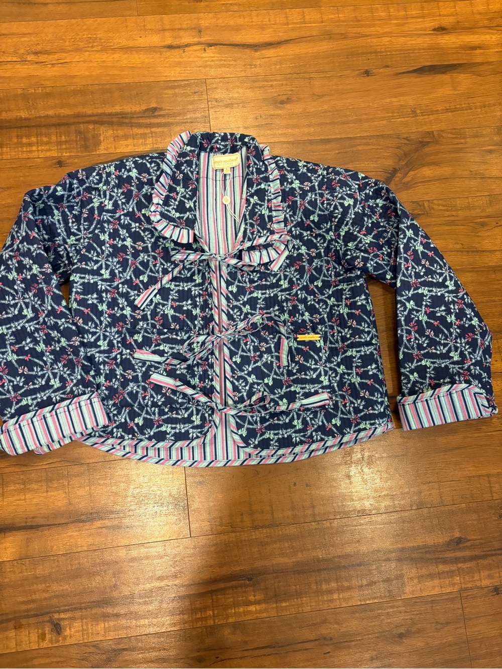 Simply Southern Ophelia Ribbon Quilted Jacket L Navy Blue Striped Tie Front NWT